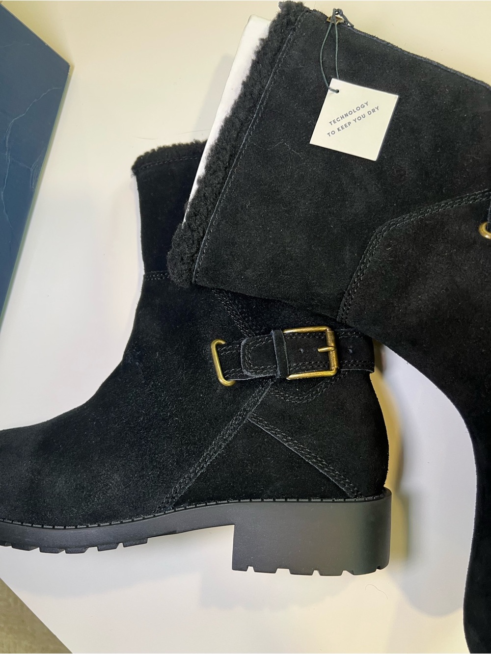 Cole Haan Black Suede Shearling-Lined Buckle Ankle Boots - Picture 4 of 8